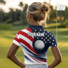 Load image into Gallery viewer, A woman wearing an America 250th Anniversary golf polo shirt with “Team Name" on the back.