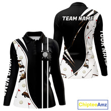 Load image into Gallery viewer, Front view of personalized long sleeve golf polo shirt for women with golf cart pattern