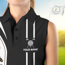 Load image into Gallery viewer, Close-up of golf cart graphic on personalized sleeveless golf polo shirt for women