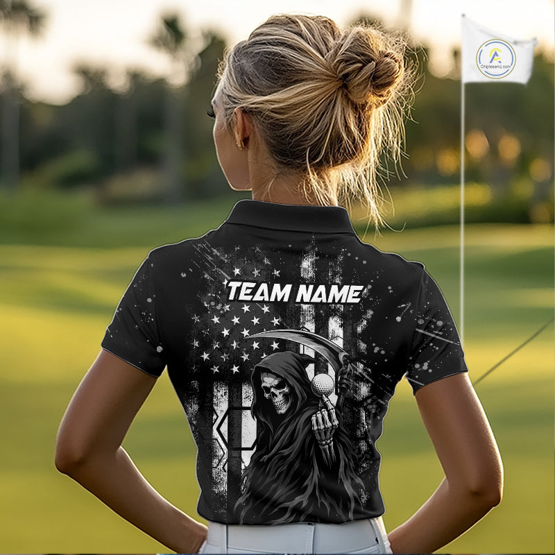 Golfer wearing custom black and white American flag skull reaper golf polo shirt on the course - back view