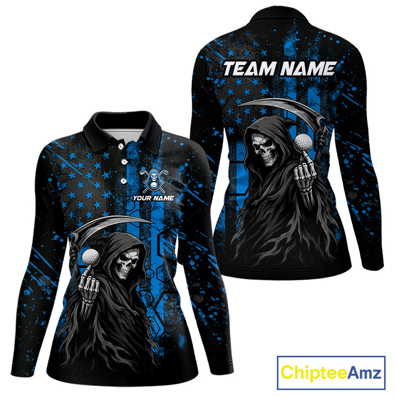 Custom Black And Blue American Flag Skull Reaper Womens Golf Polo Shirt, Team Golf Shirts NBT882