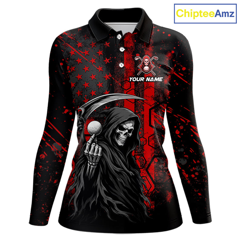Custom Black And Red American Flag Skull Reaper Womens Golf Polo Shirt, Team Golf Shirts NBT883