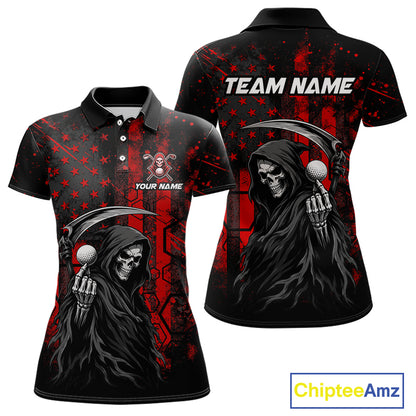 Custom Black And Red American Flag Skull Reaper Womens Golf Polo Shirt, Team Golf Shirts NBT883