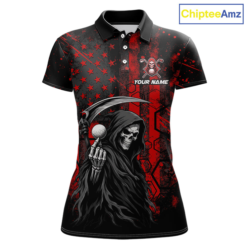 Custom Black And Red American Flag Skull Reaper Womens Golf Polo Shirt, Team Golf Shirts NBT883