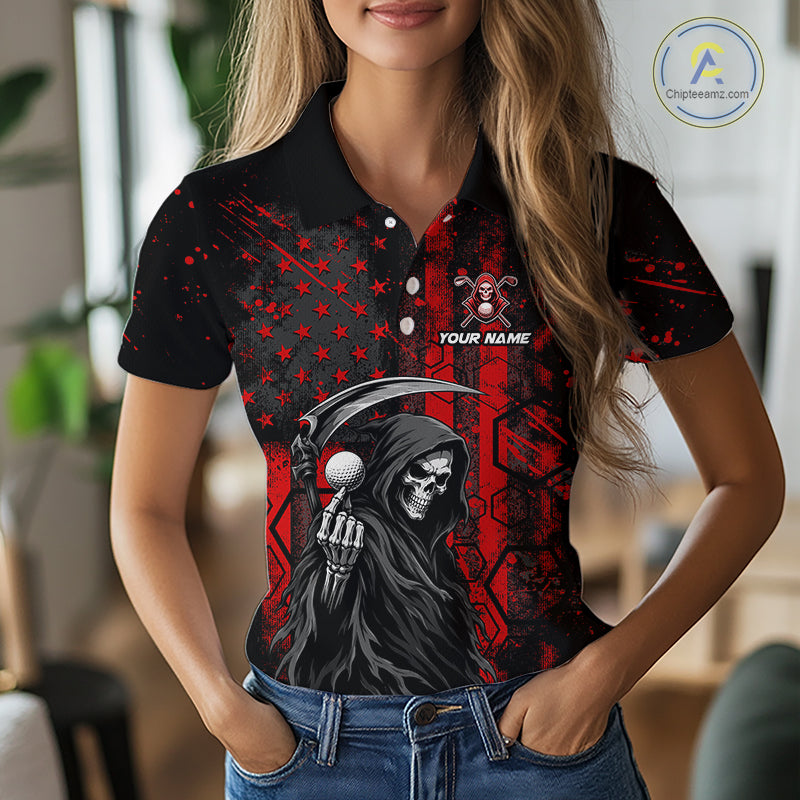 Custom Black And Red American Flag Skull Reaper Womens Golf Polo Shirt, Team Golf Shirts NBT883