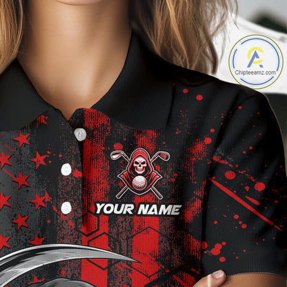 Custom Black And Red American Flag Skull Reaper Womens Golf Polo Shirt, Team Golf Shirts NBT883