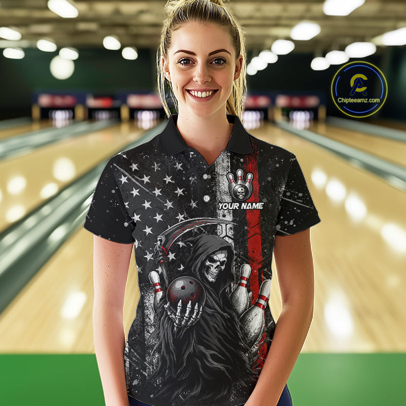 Bowler wearing American flag Grim Reaper bowling polo shirt on the lanes