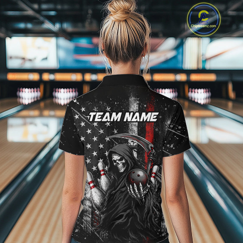 Bowler wearing American flag Grim Reaper bowling polo shirt on the lanes - back view