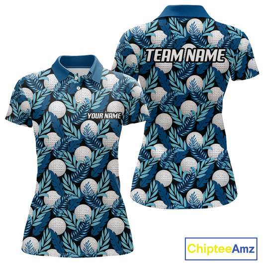 Custom Black Blue Tropical Golf Ball Pattern Womens Polo Golf Shirts, Golf Gifts For Team NBT964