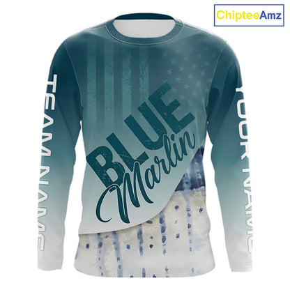 Front view of personalized American Flag Marlin long sleeve fishing shirt with patriotic design