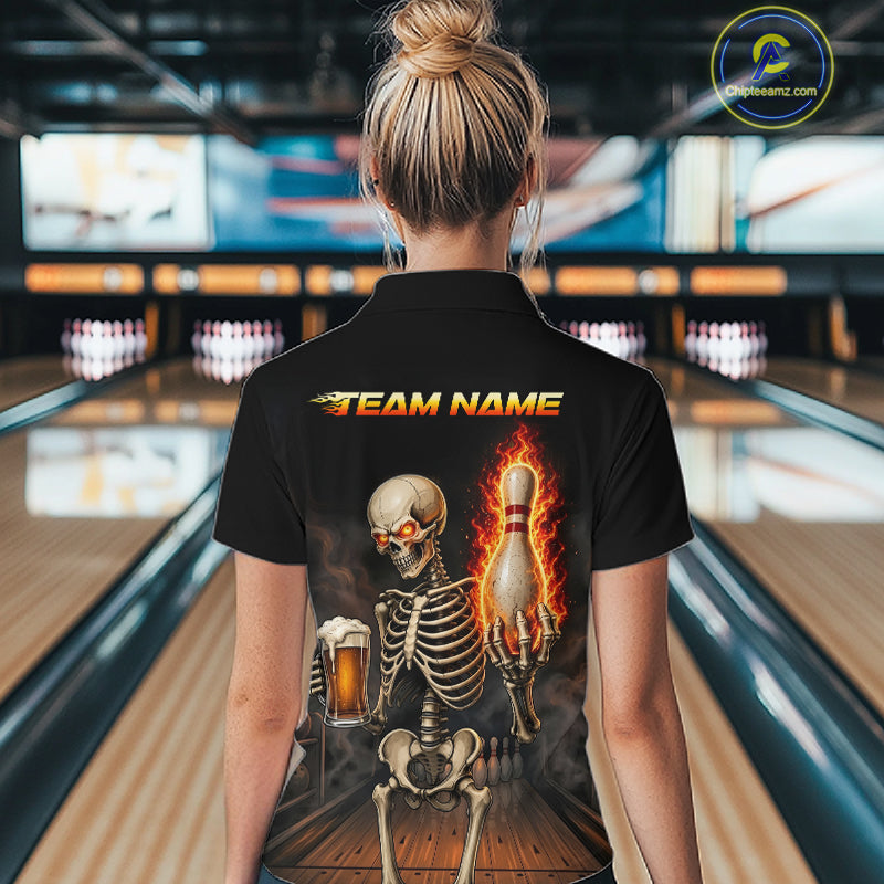 Bowler wearing black and orange fire flame beer skull bowling shirt on the lanes - back view