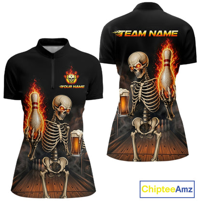 Front and back view of black and orange fire flame beer skull bowling quarter zip jersey for women