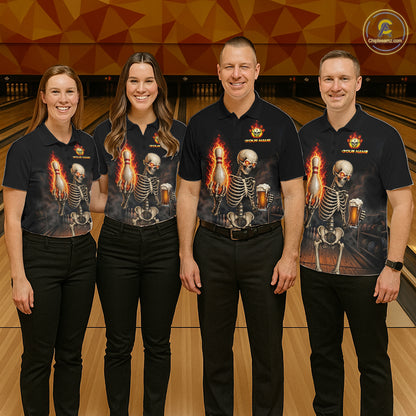 Bowling team wearing matching black and orange fire flame beer skull custom jerseys
