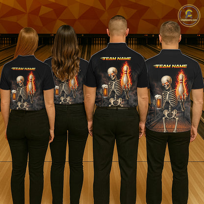 Bowling team wearing matching black and orange fire flame beer skull custom jerseys