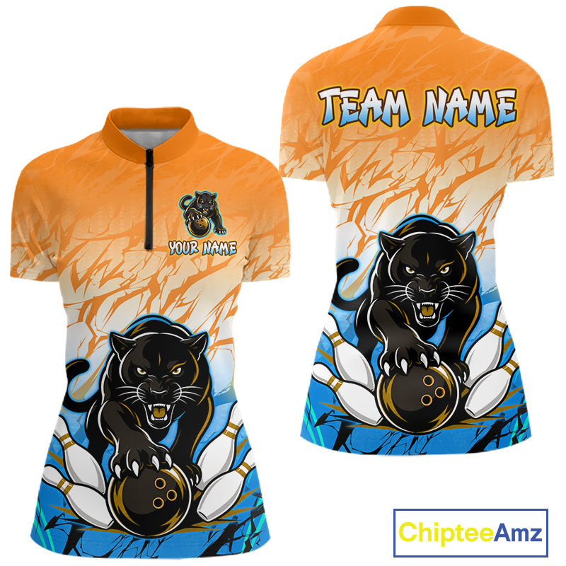 Front and back view of custom orange and blue leopard bowling quarter zip shirt for women