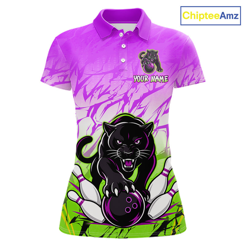 Front view of custom purple and green leopard bowling polo shirt for women