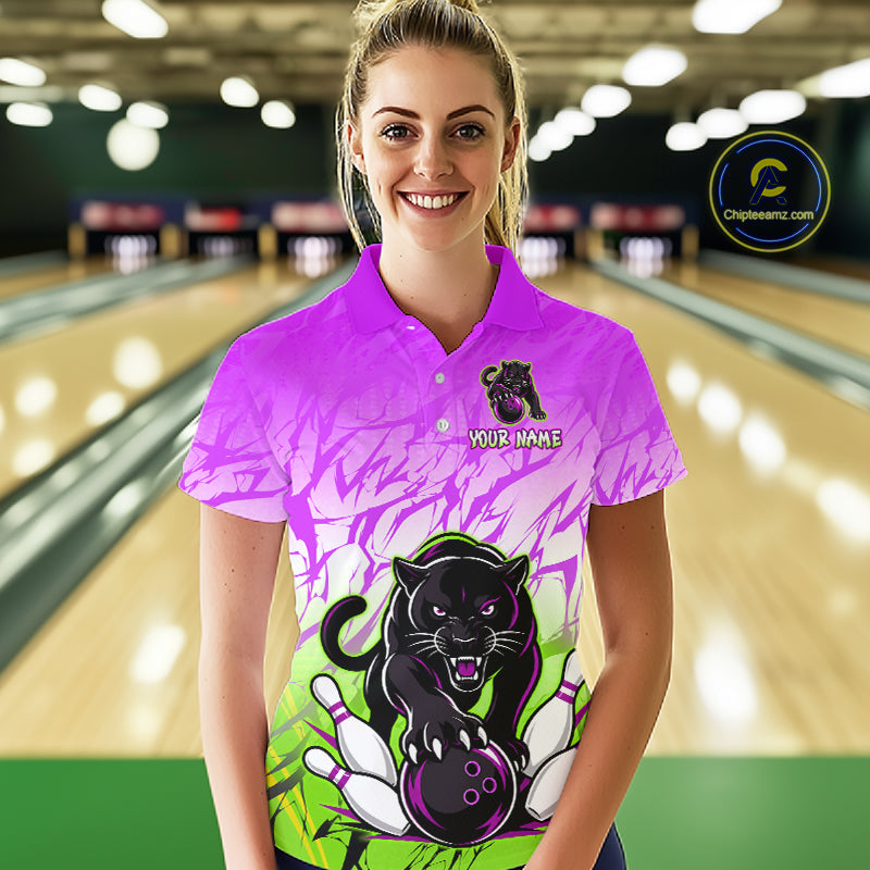 Bowler wearing custom purple and green  leopard bowling shirt on the lanes