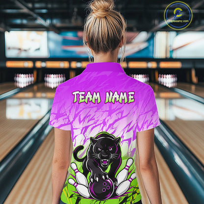 Bowler wearing custom orange and blue leopard bowling shirt on the lanes