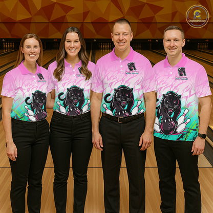 Custom Pink And Turquoise Leopard Bowling Women Polo & 1/4 Quarter Zip Shirt, Bowling League Team Shirt NBT891