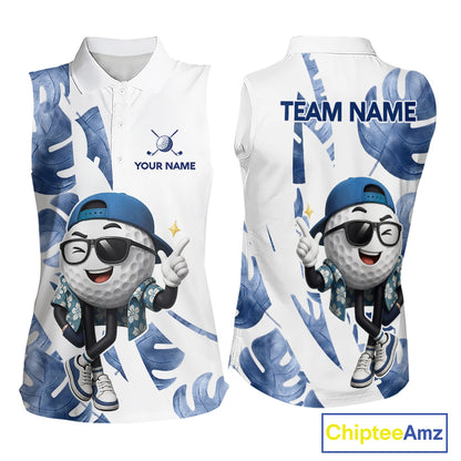 Funny Golf Ball Tropical Pattern Custom Womens Sleeveless Golf Polo Shirts, Golfing Gifts|Blue NBT708