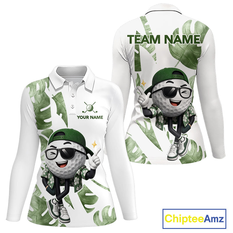 Funny Golf Ball Tropical Pattern Custom Womens Golf Polo Shirts, Golfing Gifts|Green NBT709