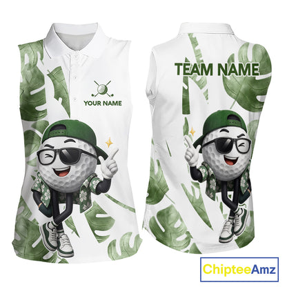 Funny Golf Ball Tropical Pattern Custom Womens Sleeveless Golf Polo Shirts, Golfing Gifts|Green NBT709