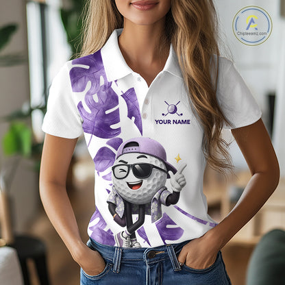 Funny Golf Ball Tropical Pattern Custom Womens Golf Polo Shirts, Golfing Gifts|Purple NBT710