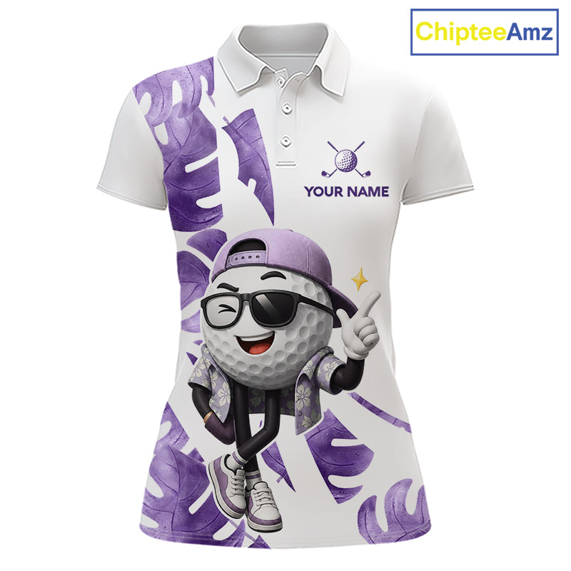 Funny Golf Ball Tropical Pattern Custom Womens Golf Polo Shirts, Golfing Gifts|Purple NBT710