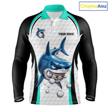 Load image into Gallery viewer, Turquoise White Shark Pattern Mens Long Sleeve Golf Polo Shirt Front View Custom Name
