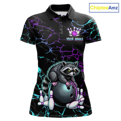 Neon Blue Purple Funny Raccoon Bowling Team Shirt Customized Bowling League Polo & 1/4 Zip Gift For Women NBT893