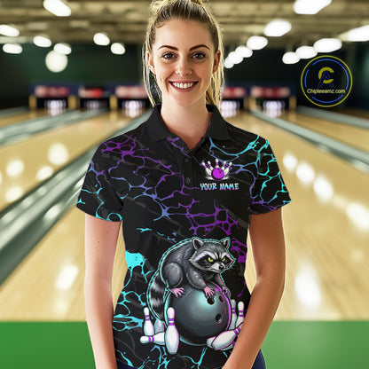 Neon Blue Purple Funny Raccoon Bowling Team Shirt Customized Bowling League Polo & 1/4 Zip Gift For Women NBT893
