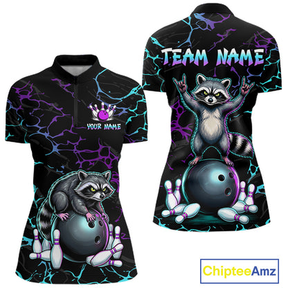 Neon Blue Purple Funny Raccoon Bowling Team Shirt Customized Bowling League Polo & 1/4 Zip Gift For Women NBT893
