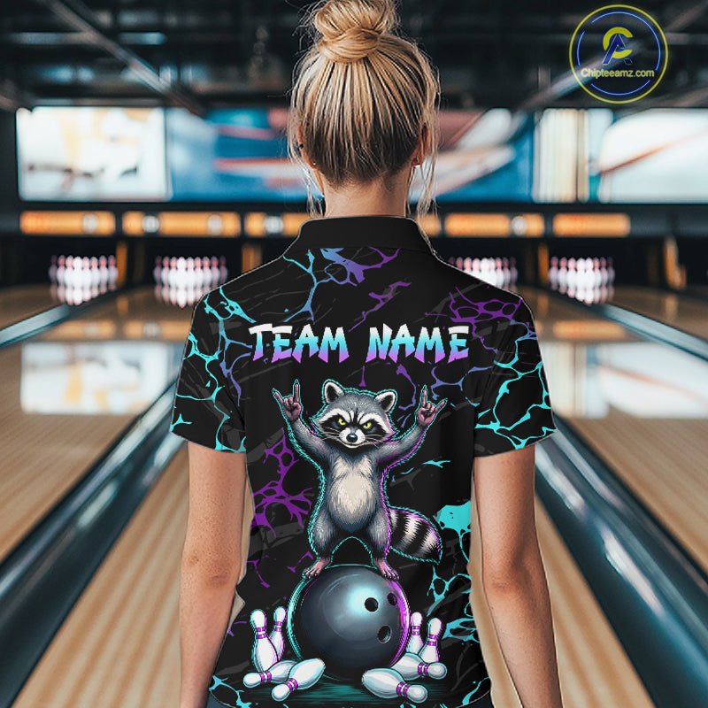 Neon Blue Purple Funny Raccoon Bowling Team Shirt Customized Bowling League Polo & 1/4 Zip Gift For Women NBT893