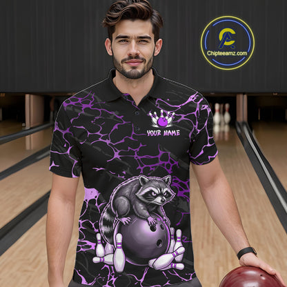 Purple Funny Raccoon Bowling Team Shirt Customized Bowling League Polo & 1/4 Zip Gift For Men NBT894