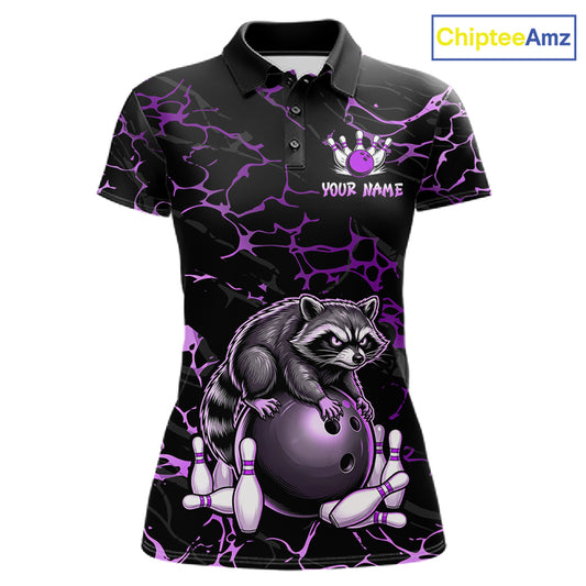 Purple Funny Raccoon Bowling Team Shirt Customized Bowling League Polo & 1/4 Zip Gift For Women NBT894