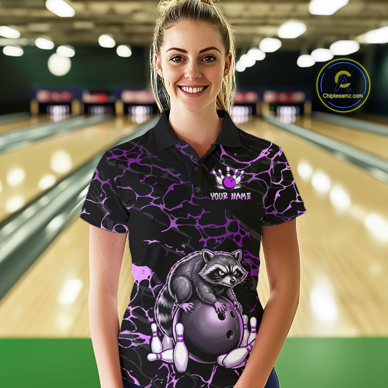 Purple Funny Raccoon Bowling Team Shirt Customized Bowling League Polo & 1/4 Zip Gift For Women NBT894