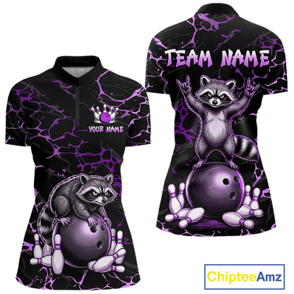 Purple Funny Raccoon Bowling Team Shirt Customized Bowling League Polo & 1/4 Zip Gift For Women NBT894