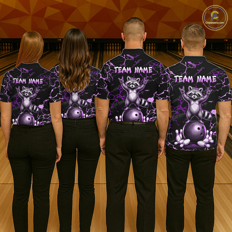 Purple Funny Raccoon Bowling Team Shirt Customized Bowling League Polo & 1/4 Zip Gift For Women NBT894