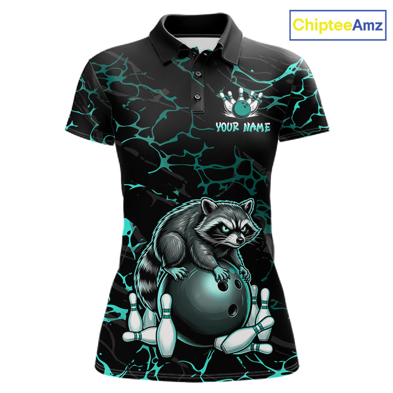 Turquoise Funny Raccoon Bowling Team Shirt Customized Bowling League Polo & 1/4 Zip Gift For Women NBT895