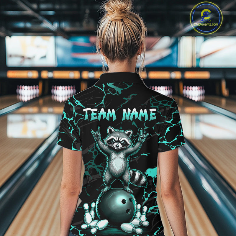 Turquoise Funny Raccoon Bowling Team Shirt Customized Bowling League Polo & 1/4 Zip Gift For Women NBT895