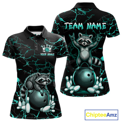 Turquoise Funny Raccoon Bowling Team Shirt Customized Bowling League Polo & 1/4 Zip Gift For Women NBT895