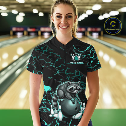Turquoise Funny Raccoon Bowling Team Shirt Customized Bowling League Polo & 1/4 Zip Gift For Women NBT895