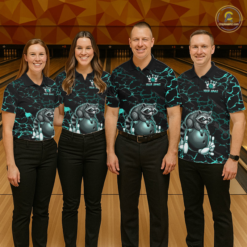 Turquoise Funny Raccoon Bowling Team Shirt Customized Bowling League Polo & 1/4 Zip Gift For Women NBT895