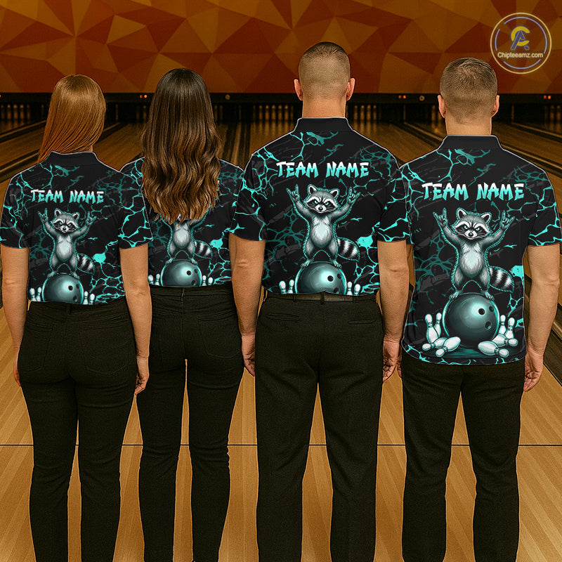 Turquoise Funny Raccoon Bowling Team Shirt Customized Bowling League Polo & 1/4 Zip Gift For Women NBT895