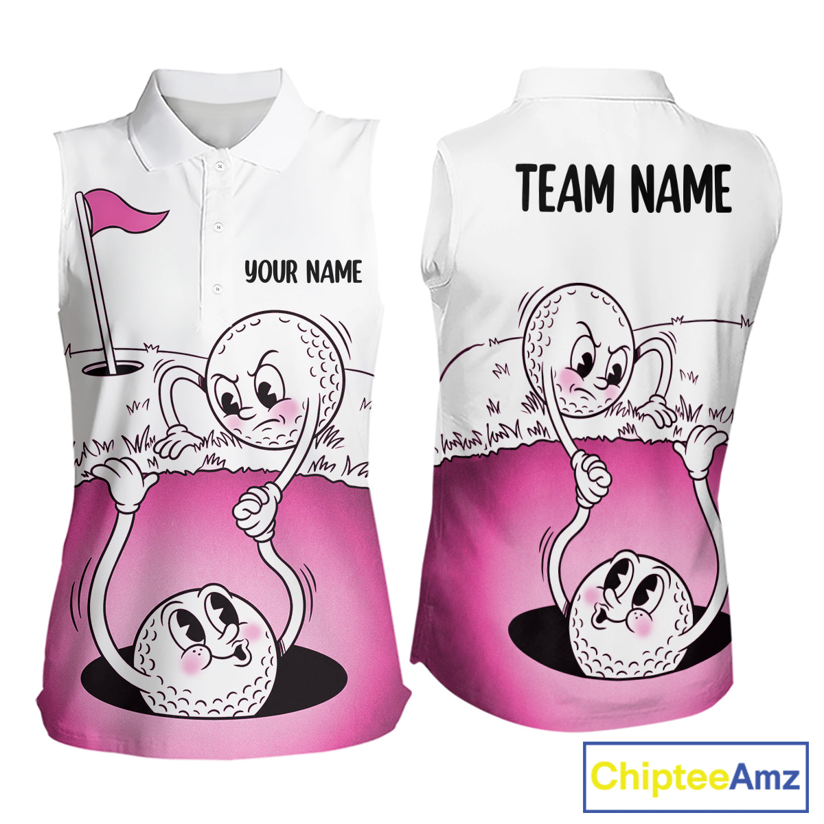 Pink Funny Sleeveless Golf Rescue Team Polo Shirt Custom Name, Golf Ball Cartoon Polo, White Golf Shirt NBT600