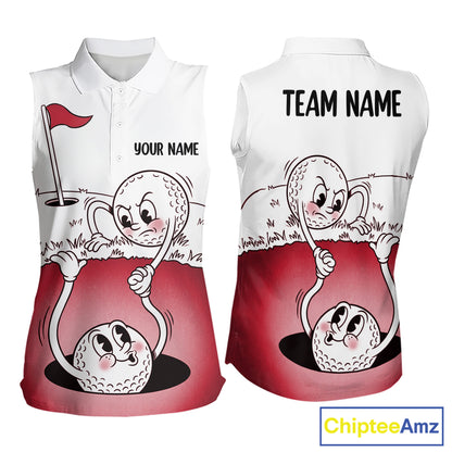 Red Funny Sleeveless Golf Rescue Team Polo Shirt Custom Name, Golf Ball Cartoon Polo, White Golf Shirt NBT601