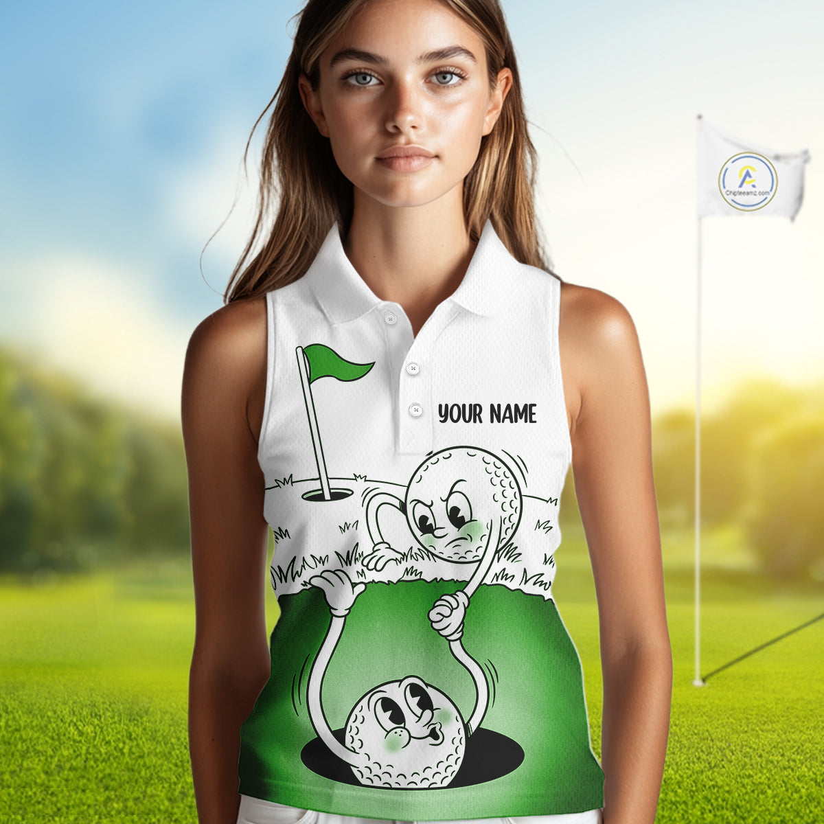 Green Funny Sleeveless Golf Rescue Team Polo Shirt Custom Name, Golf Ball Cartoon Polo, Golf Gifts NBT602