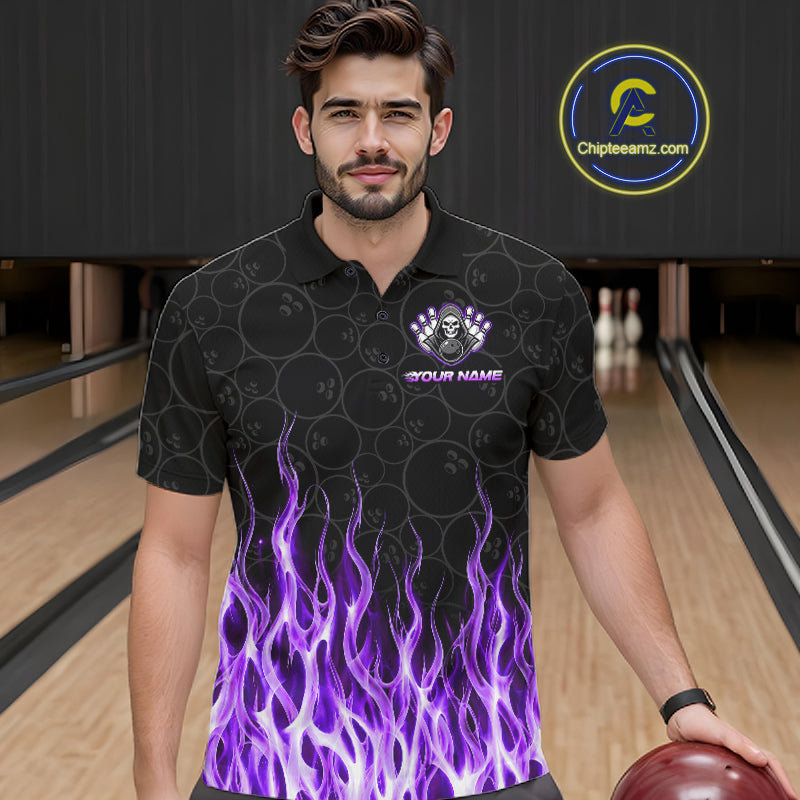 Bowler wearing custom purple fire flame Grim Reaper skull bowling shirt on the lanes