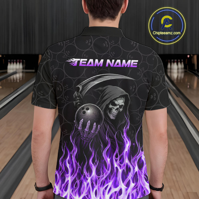 Bowler wearing custom purple fire flame Grim Reaper skull bowling shirt on the lanes - back view