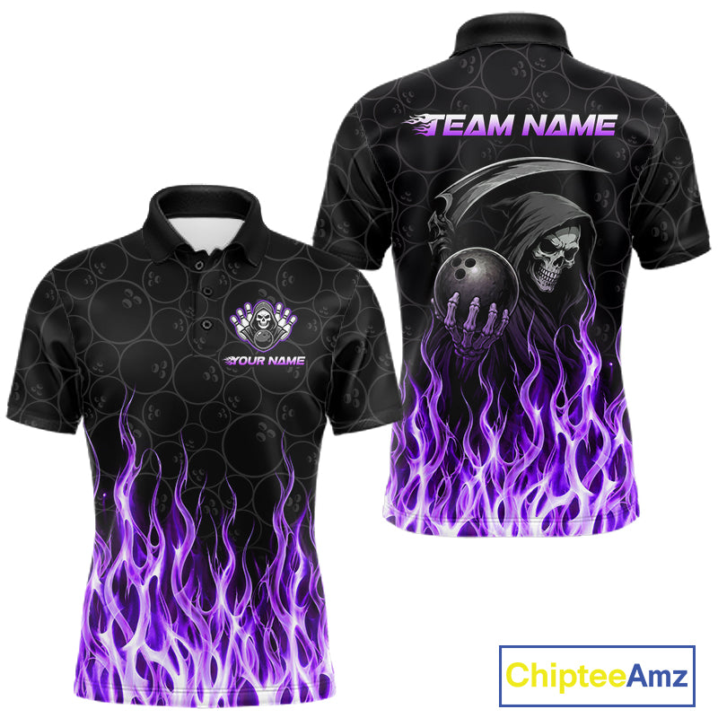 Front and back view of custom purple fire flame Grim Reaper skull bowling men’s polo shirt